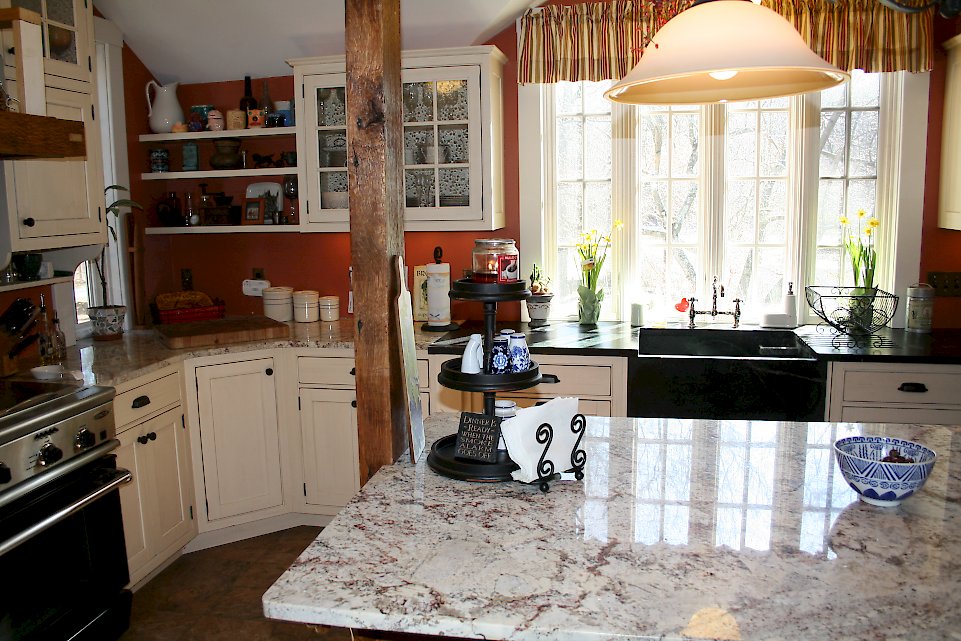 A soapstone apron front sink.