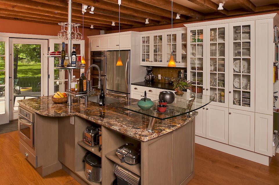 Shelving on the inside of the island for small appliance storage.