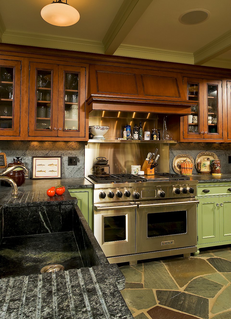 Wolf DF486C-LP stainless Range, and Brazilian Soapstone Counter-tops.