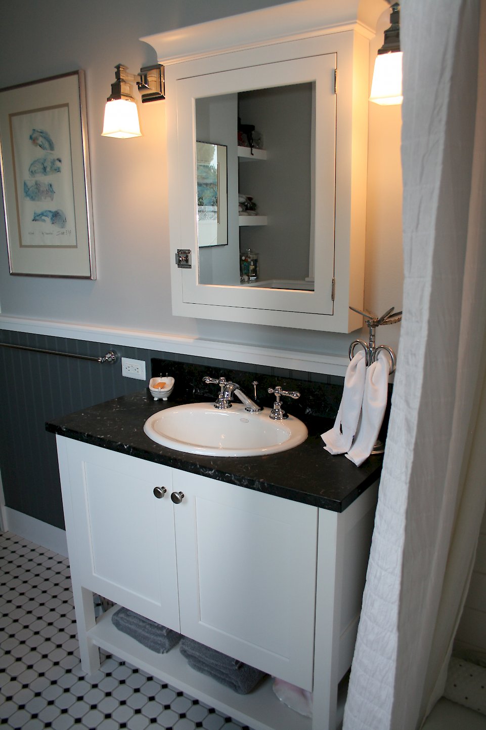 Honed Nero Marquino marble vanity top.